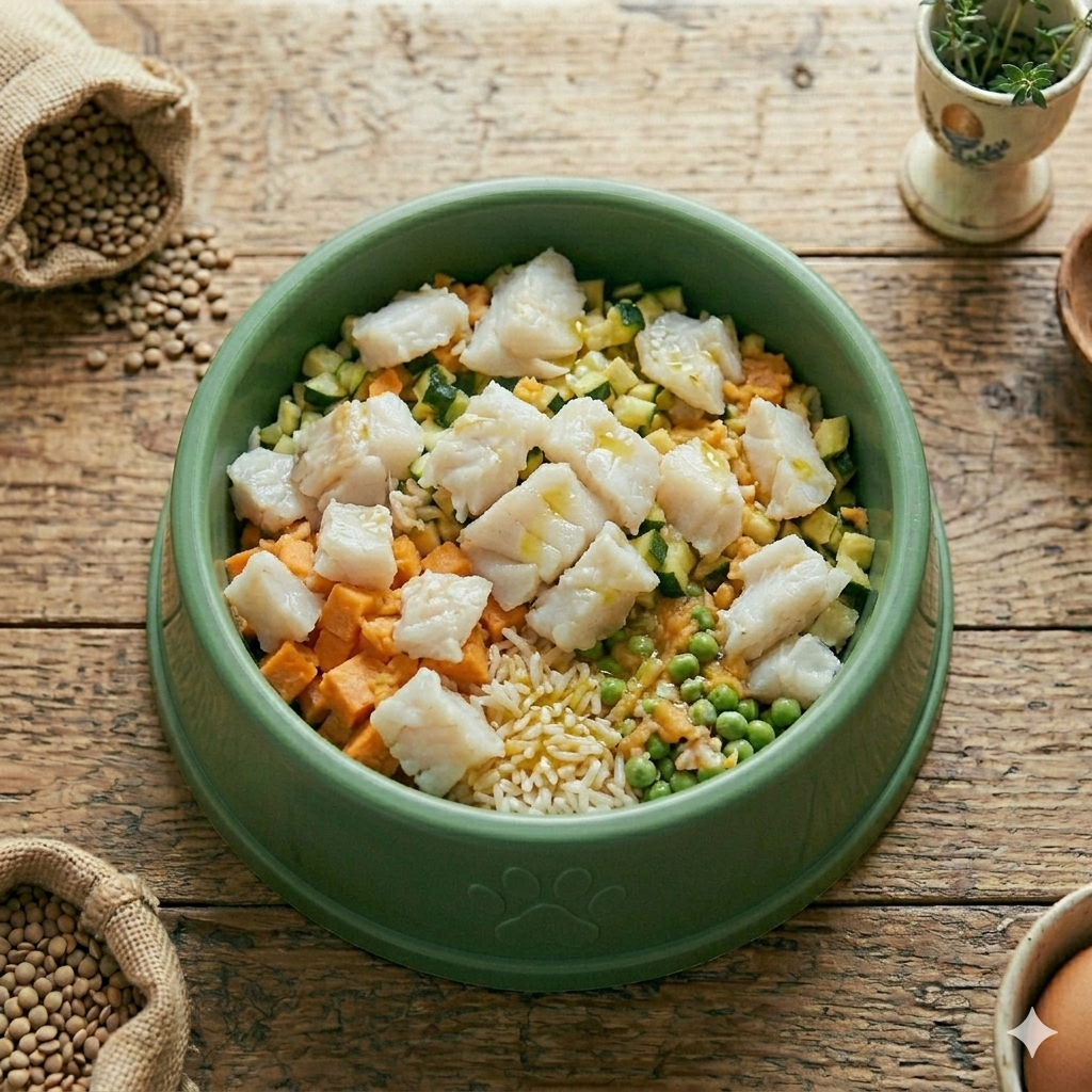 Fish and sweet potato homemade dog food for diabetic dogs